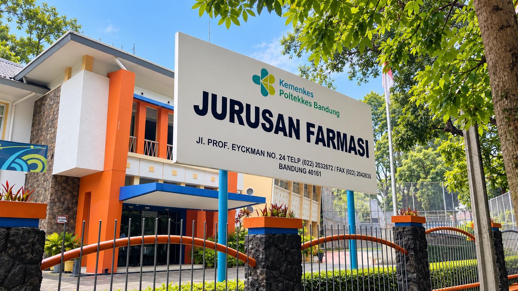 Papan nama dan gedung Jurusan Farmasi Poltekkes Kemenkes Bandung, Jl. Prof. Eyckman No. 24, Bandung